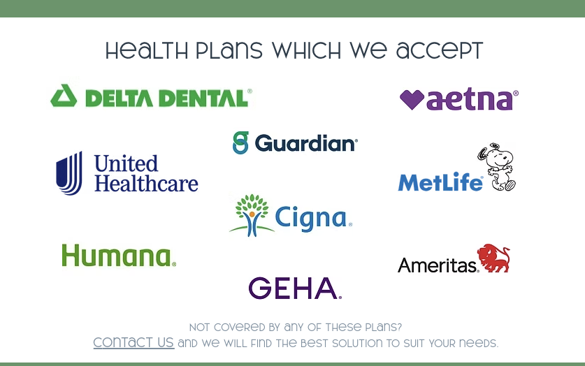 Accepted insurance logos: Delta Dental, Aetna, UnitedHealthcare, Guardian, MetLife, Cigna, Humana, Ameritas and GEHA